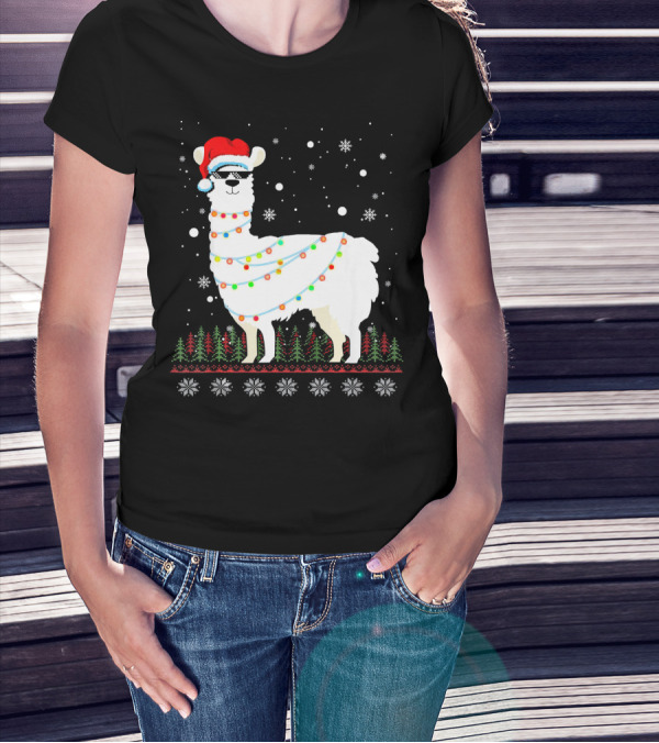 Christmas Llama Santa Hat Glasses Ugly Sweater Lights Snowflakes Trees T-Shirt