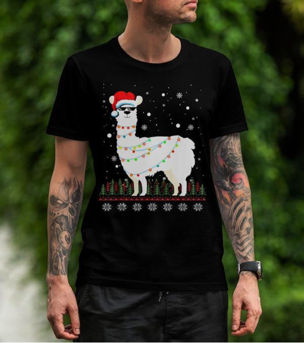 Christmas Llama Santa Hat Glasses Ugly Sweater Lights Snowflakes Trees T-Shirt
