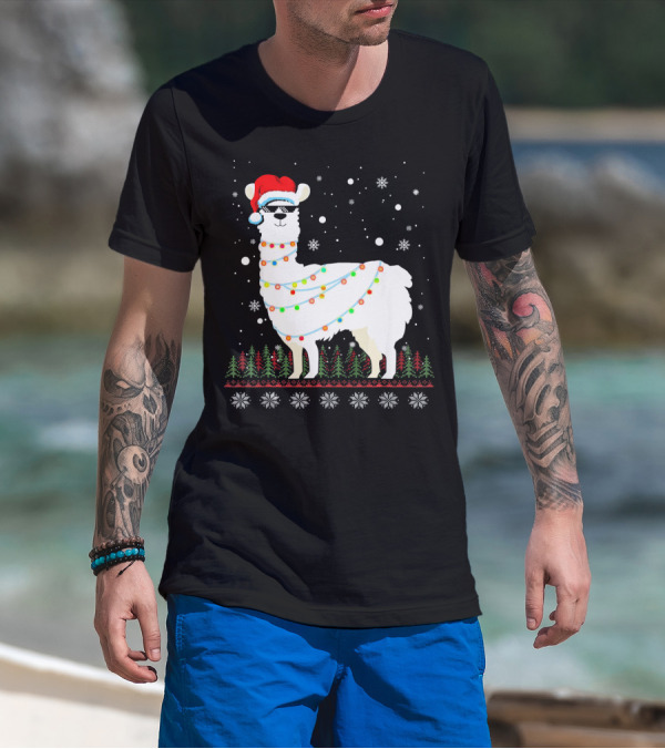 Christmas Llama Santa Hat Glasses Ugly Sweater Lights Snowflakes Trees T-Shirt