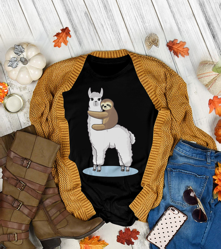 Cute Sloth Hugging Llama Alpaca T-Shirt