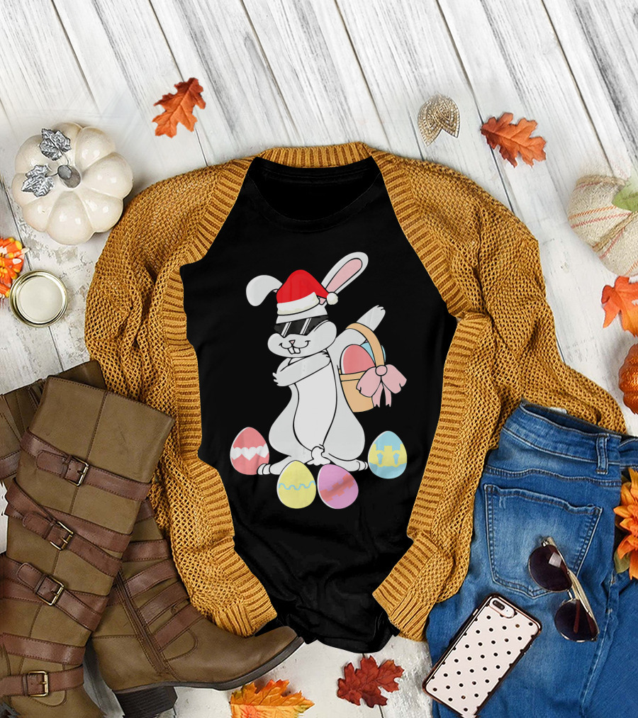 Dabbing Easter Bunny Santa Hat Holding Basket Surrounded by Colorful Eggs T-Shirt