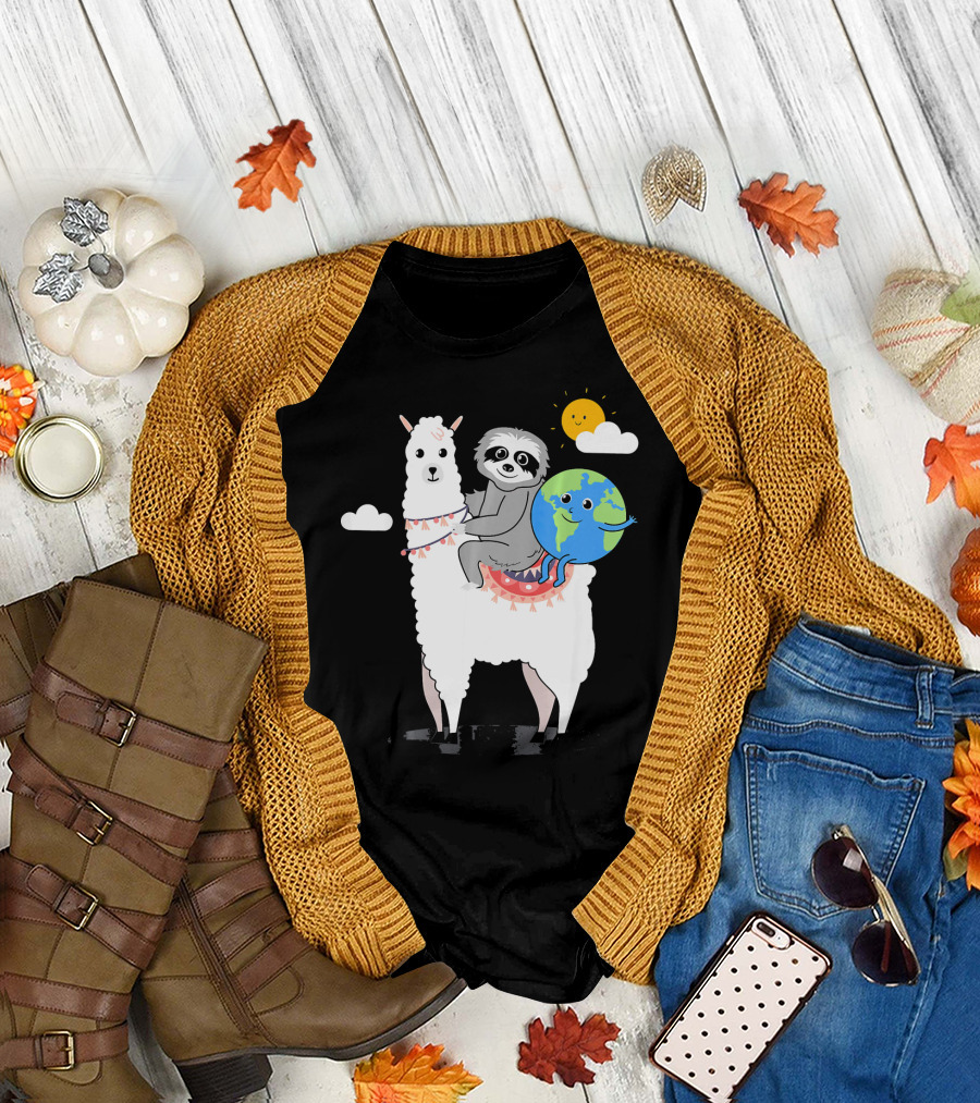 Cute Sloth Rides Llama with Happy Earth and Sun for Earth Day T-Shirt