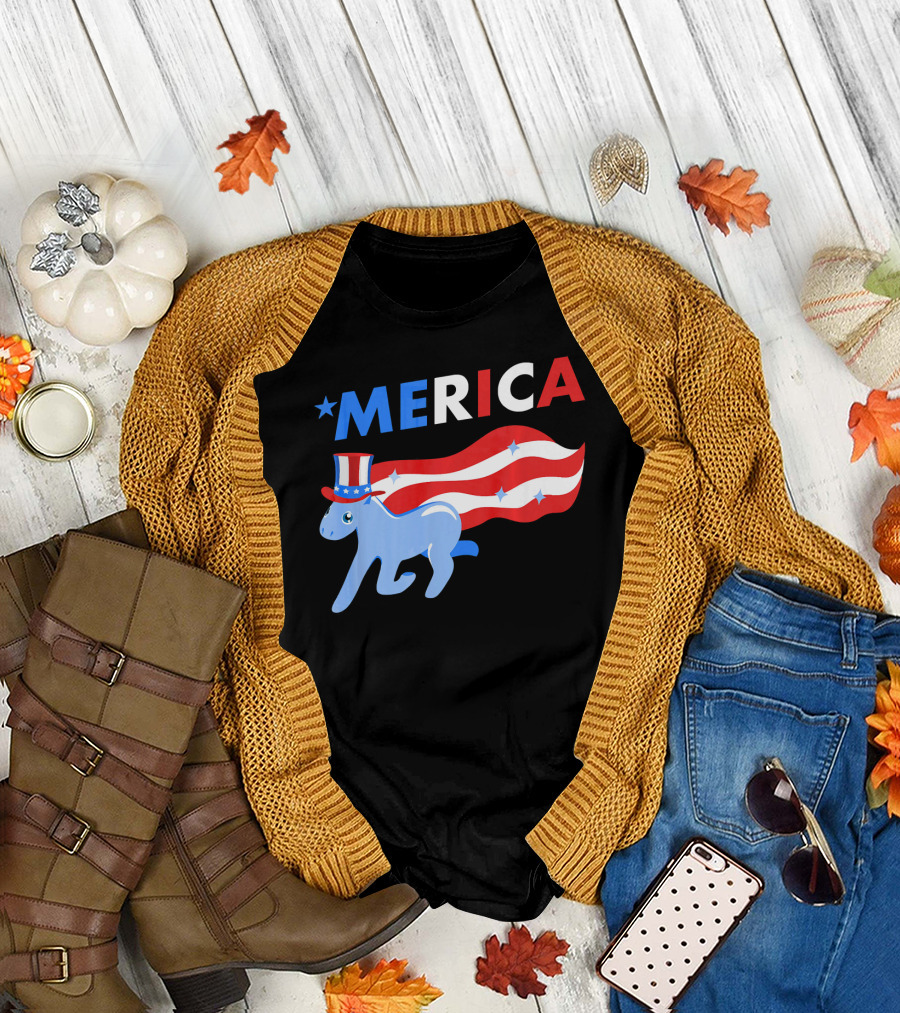 Merica Patriotic Pony with Uncle Sam Hat and American Flag Stripes T-Shirt
