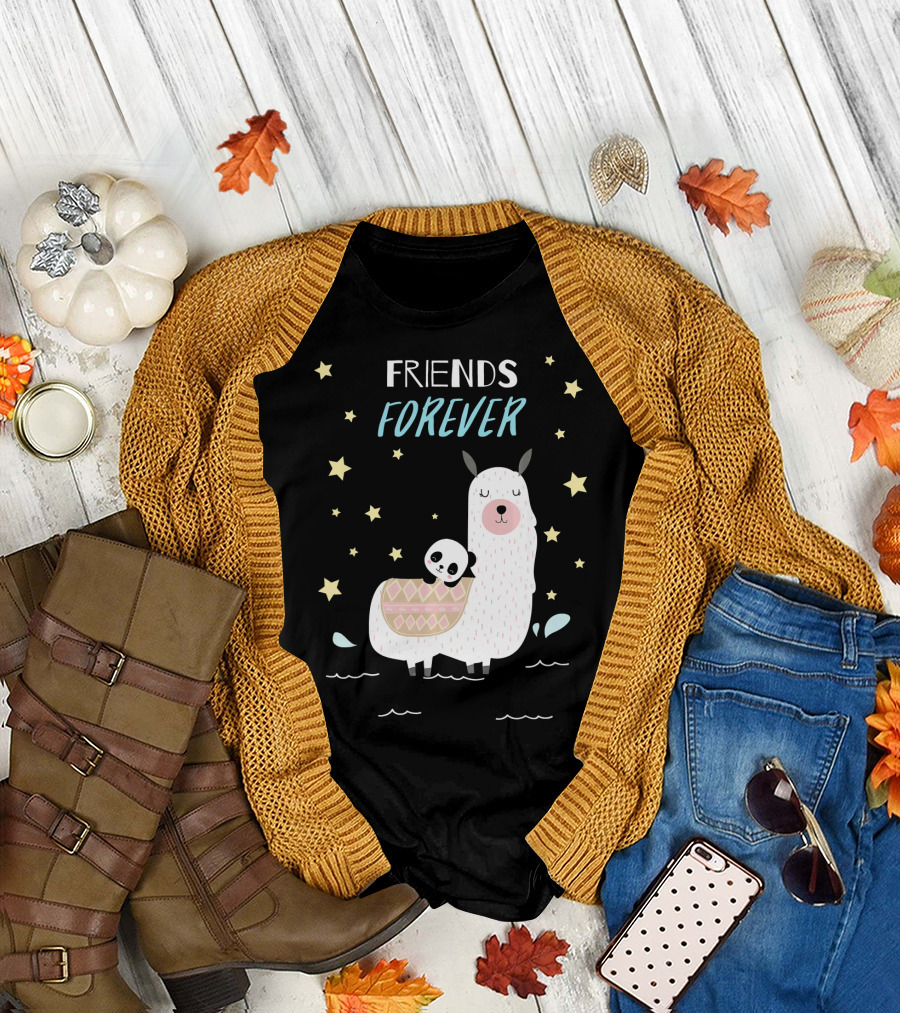Friends Forever Cute Panda Riding a Llama Kawaii Panda T-Shirt