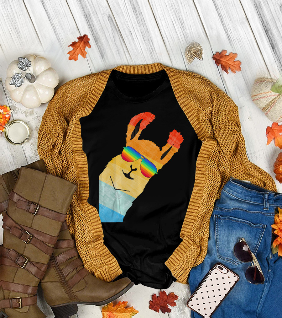 Fun Llama Alpaca Sunglasses Rainbow Stripes T-Shirt