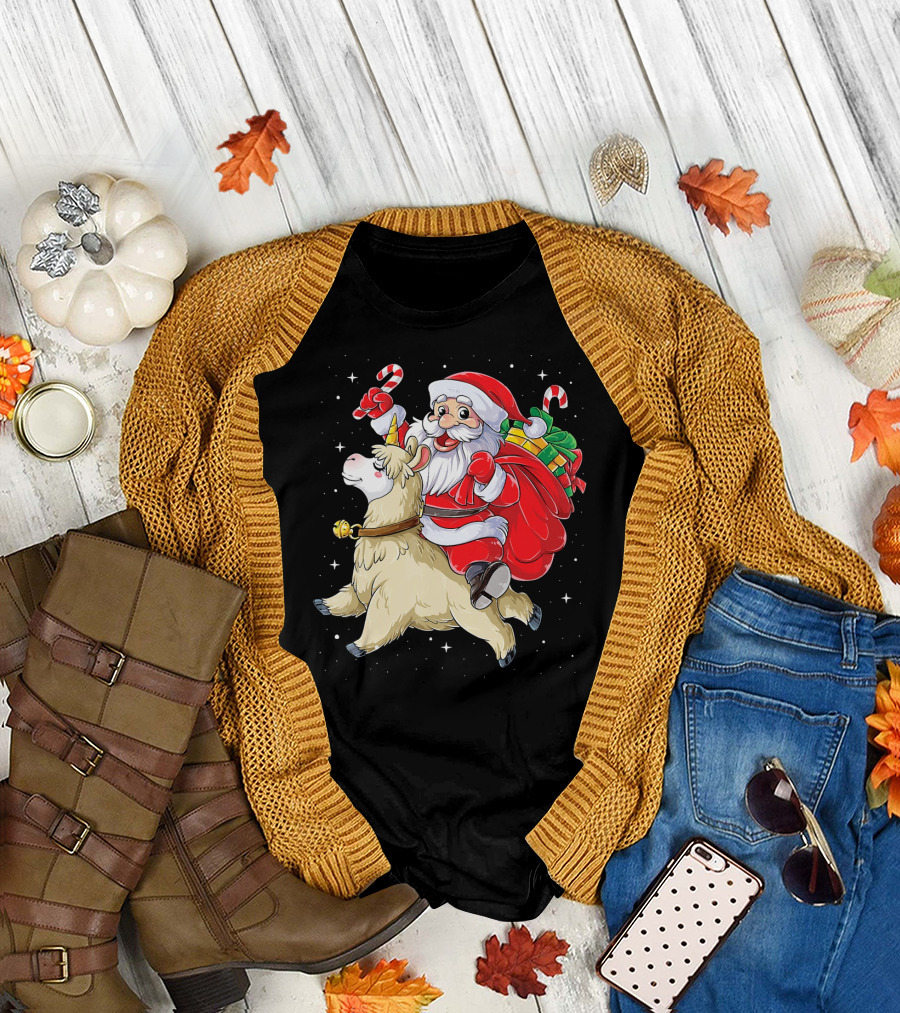 Fa La La Llama Santa Christmas Riding Llama with Candy Canes and Gifts T-Shirt