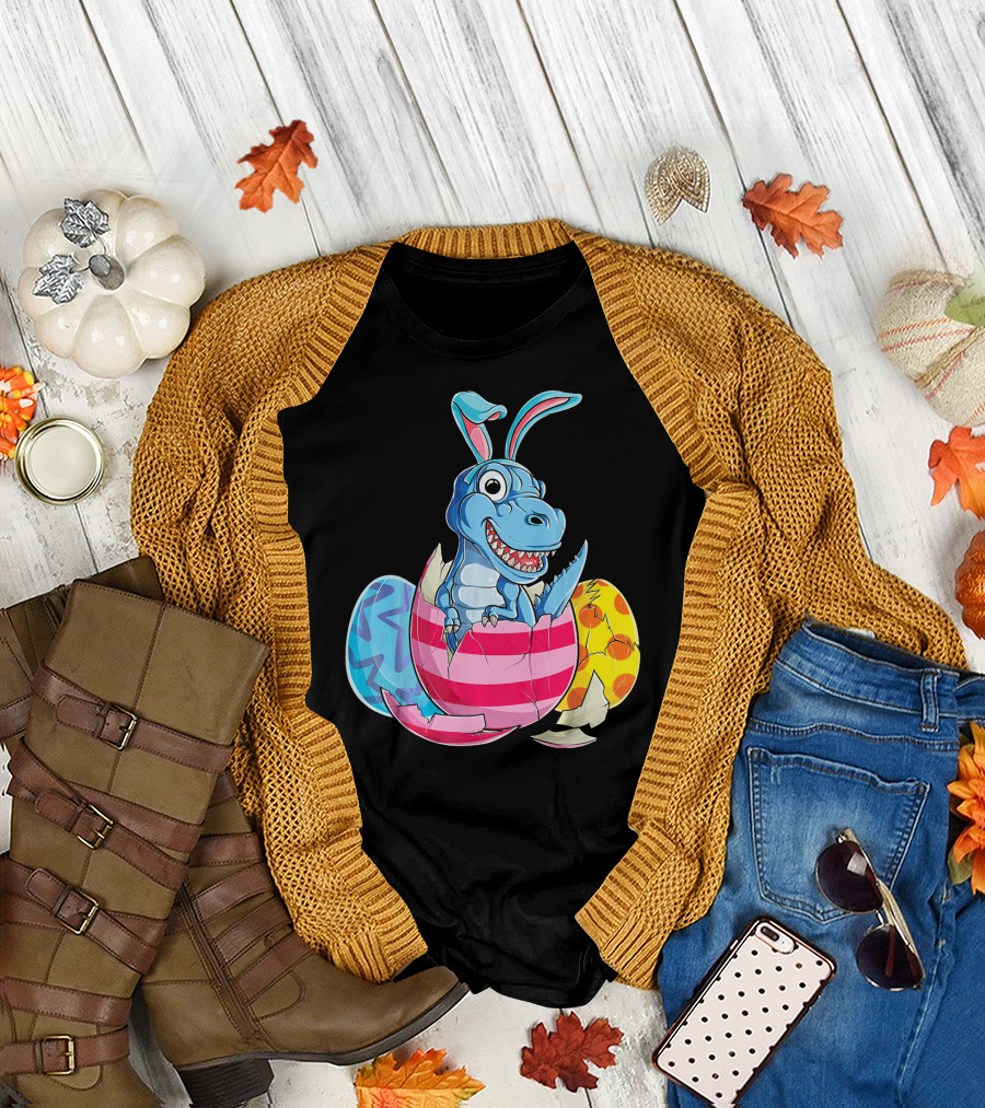 Easter Bunny Dinosaur Rex Hatching from Colorful Eggs T-Shirt