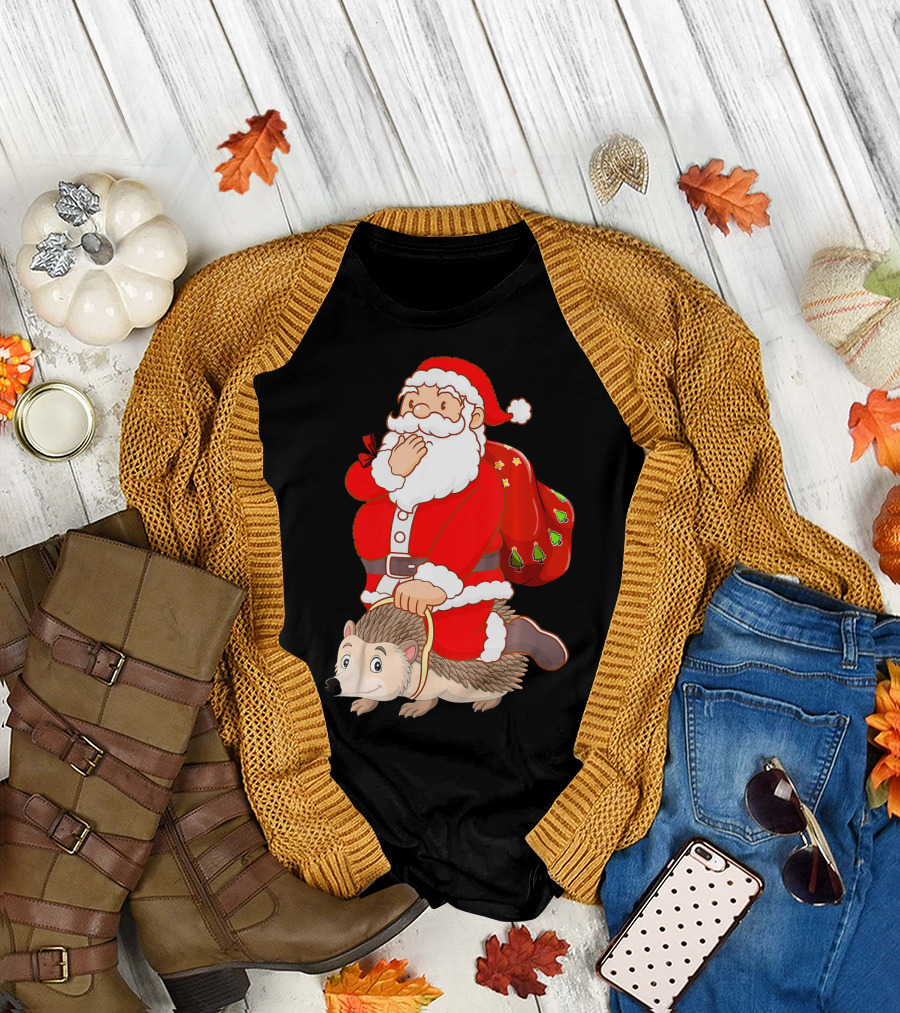 Funny Santa Riding Hedgehog Christmas Lover Holiday T-Shirt