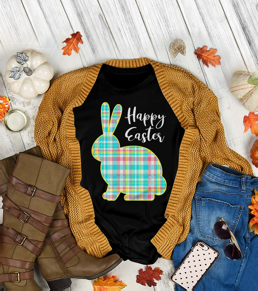 Happy Easter Multi Color Plaid Bunny T-Shirt