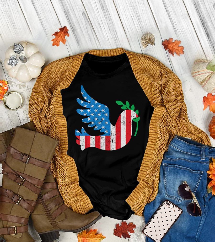 Freedom Dove American Flag Leaf Branch 4th Of July Ind T-Shirt