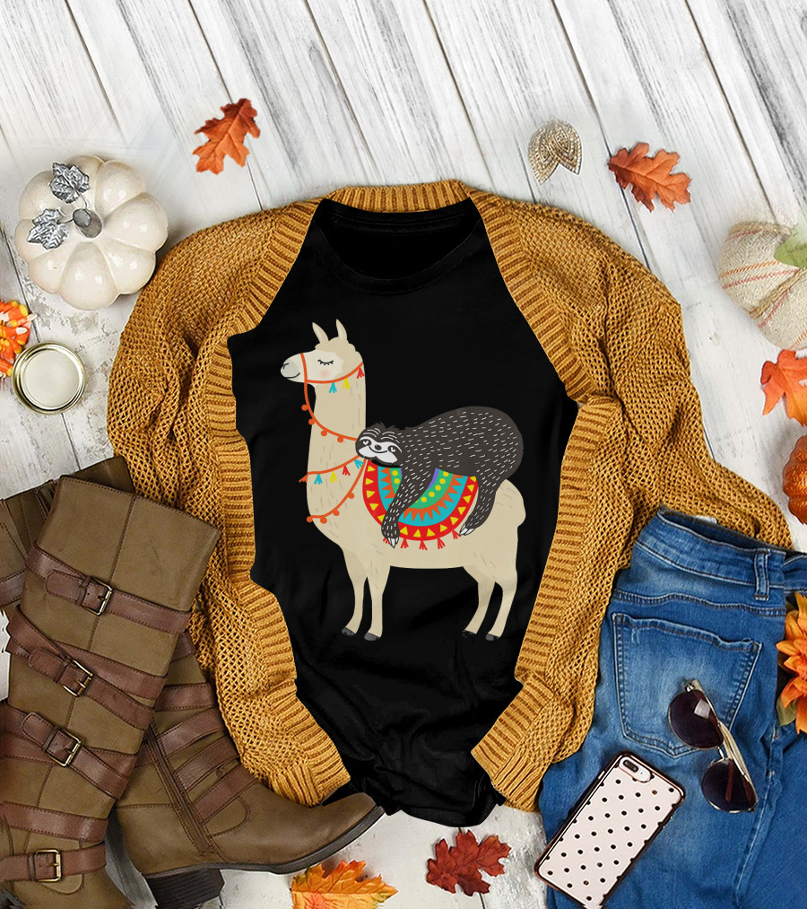 Funny Sloth Riding Llama with Colorful Blanket T-Shirt