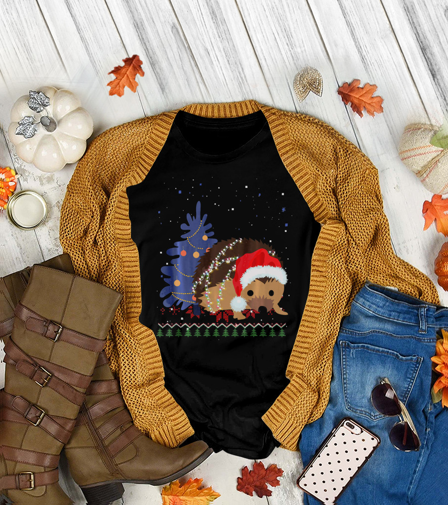 Hedgehog Christmas Tree Holiday Lights Santa Hat T-Shirt