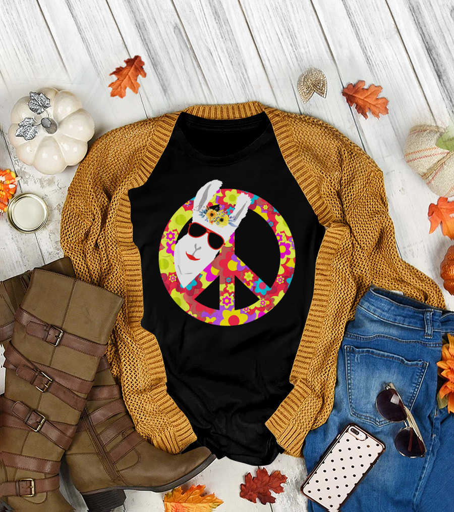 70s Flower Power Peace Sign Llama Alpaca with Sunglasses T-Shirt