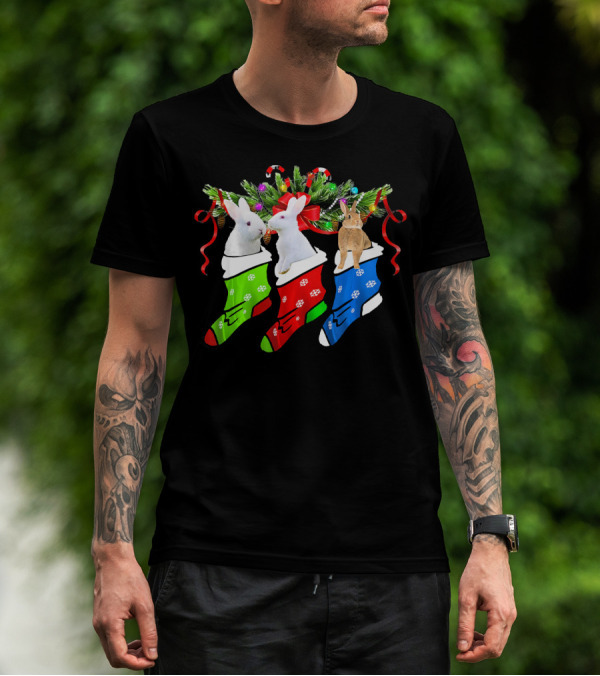 Funny Three Rabbit In Colorful Christmas Sock With Candy Canes, Pine, T-Shirt