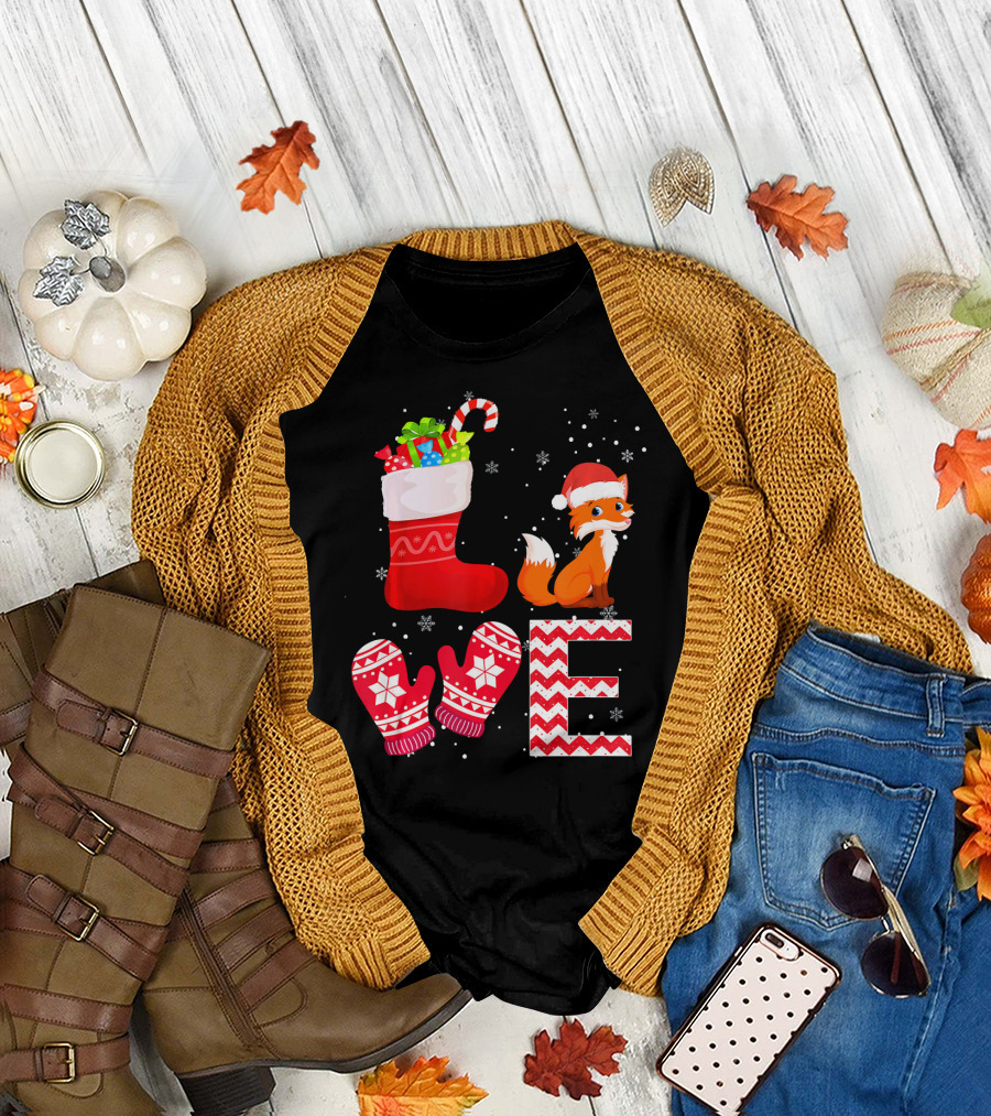 LOVE Christmas Fox Santa Hat Stocking Mittens Snowflakes T-Shirt