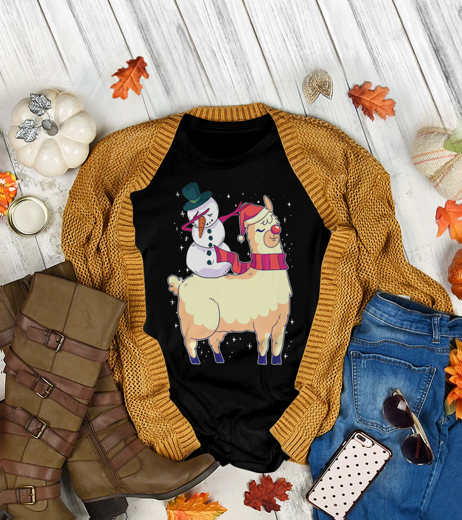 Funny Llama Christmas Dabbing Snowman Santa Hat Scarf T-Shirt