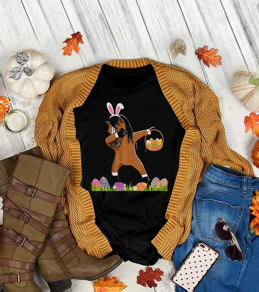 Funny Dabbing Horse with Easter Egg Basket and Bunny Ears T-Shirt