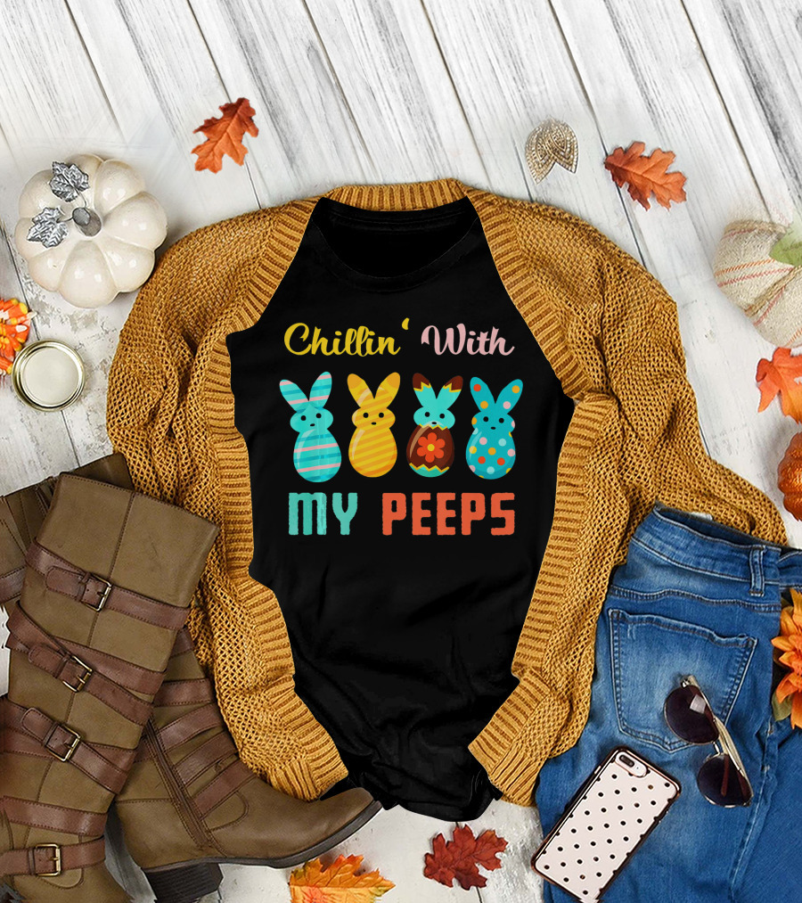 Chillin' With My Peeps Colorful Easter Bunny Stripes and Polka Dots T-Shirt