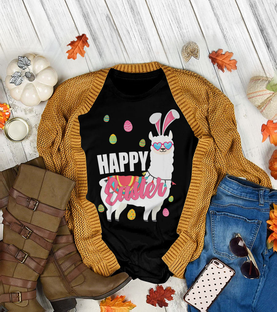 Happy Easter Llama with Eggs and Bunny Ears T-Shirt