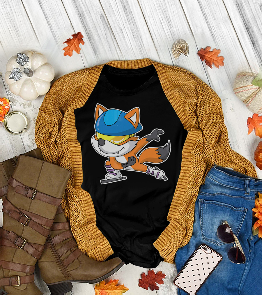 Fox Wearing Blue Helmet Speed Skater Ice Skating T-Shirt