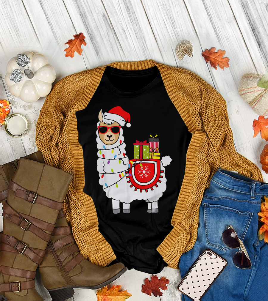 Santa Llama Christmas Lights and Gifts Fun T-Shirt