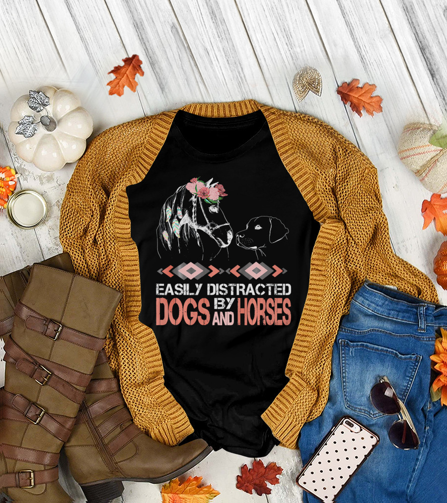 Easily Distracted by Dogs and Horses with Floral and Feather Accents T-Shirt