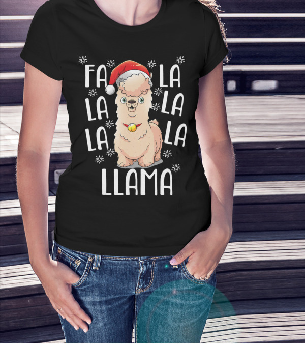 Falalala Llama Christmas Carol With Santa Hat And Bell T-Shirt