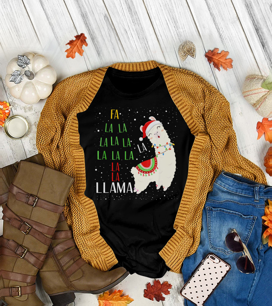 Fa La La La Llama Christmas Santa Hat Festive Lights T-Shirt