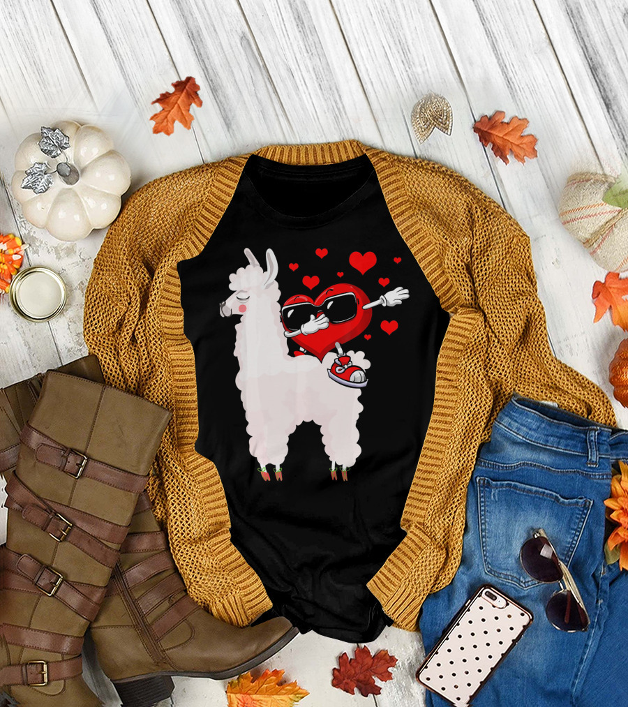 Valentine Heart Dabbing on Llama with Sunglasses and Hearts T-Shirt