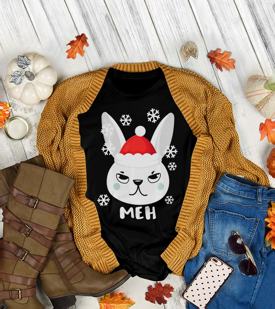 Grumpy Bunny Meh Snowflakes Christmas Rabb Santa Hat T-Shirt