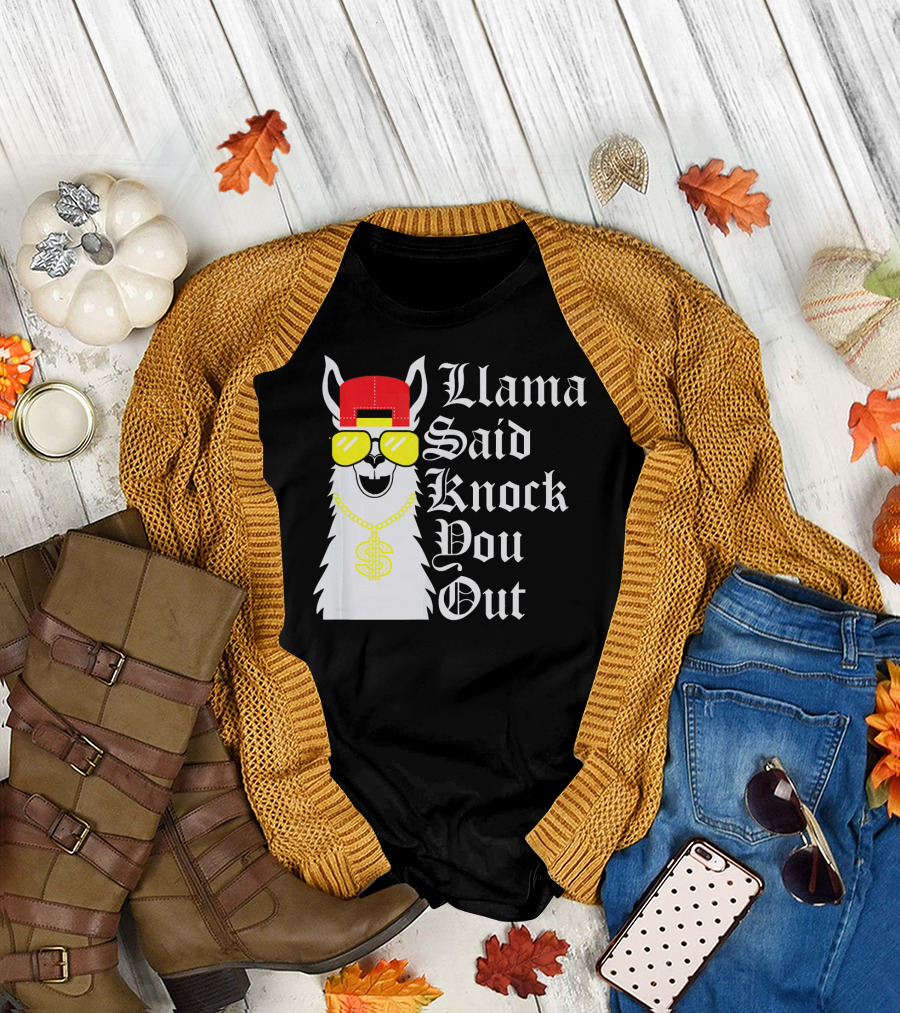 Llama Said Knock You Out Funny Llama with Sunglasses and Cap T-Shirt
