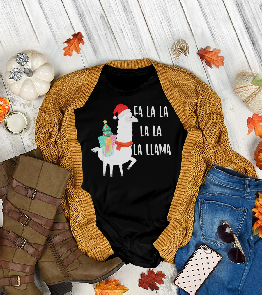 Santa Hat Alpaca Christmas Tree Fa La La La La La Llama T-Shirt