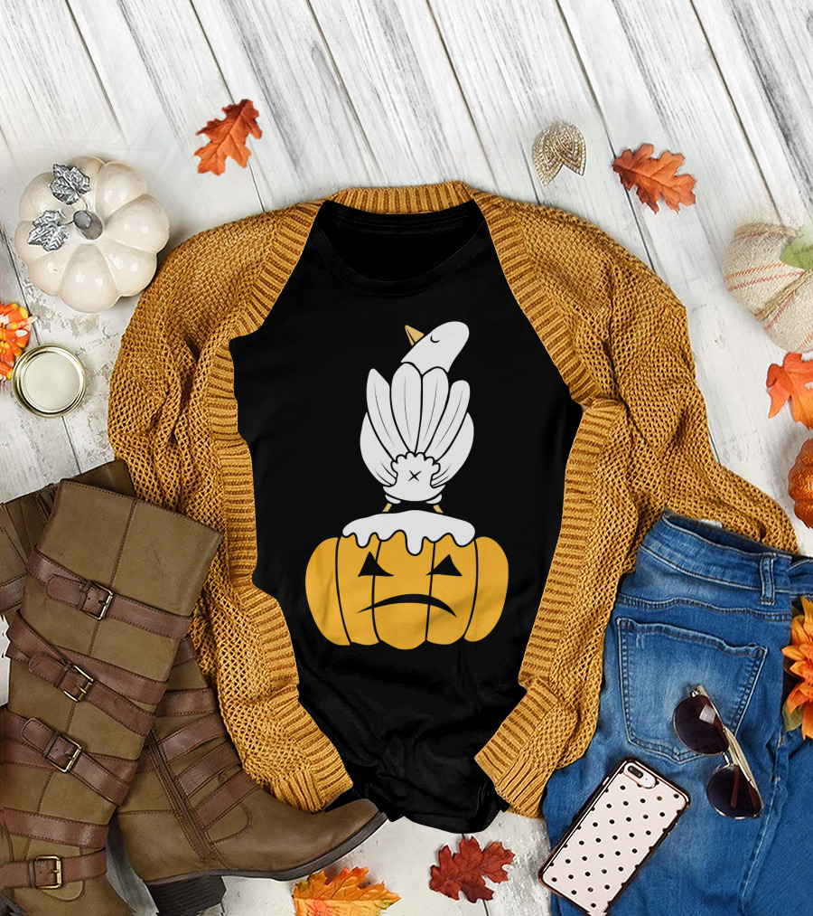 Funny Pigeon Sits Atop Grumpy Halloween Pumpkin with Humor T-Shirt