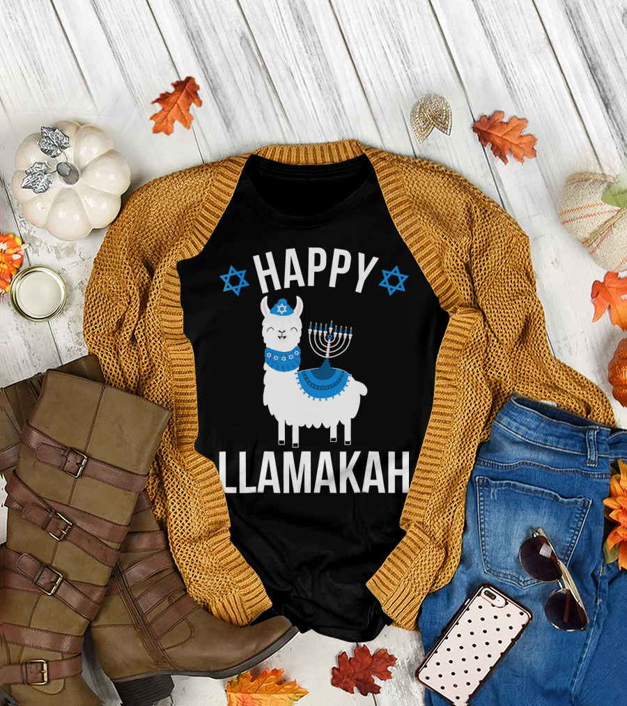 Happy Llamakah Llama with Menorah and Stars of David Hanukkah T-Shirt