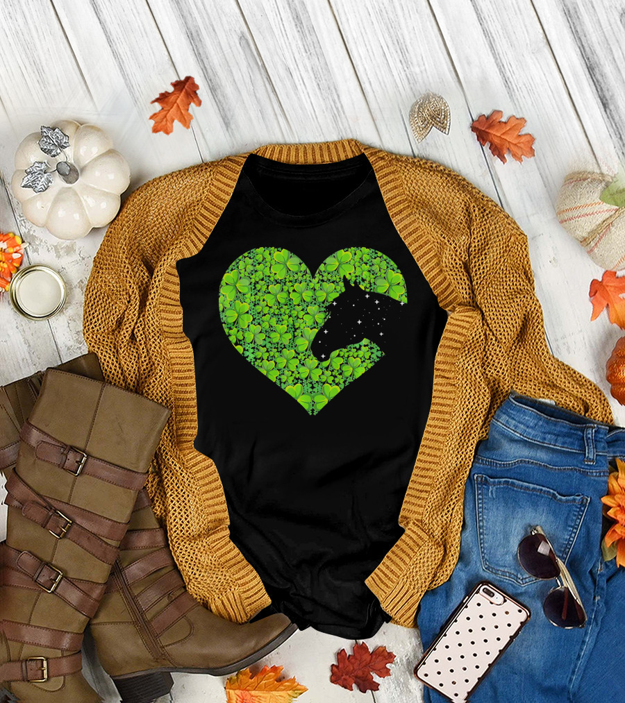 Horse Heart Shamrock Lover Green Clover T-Shirt