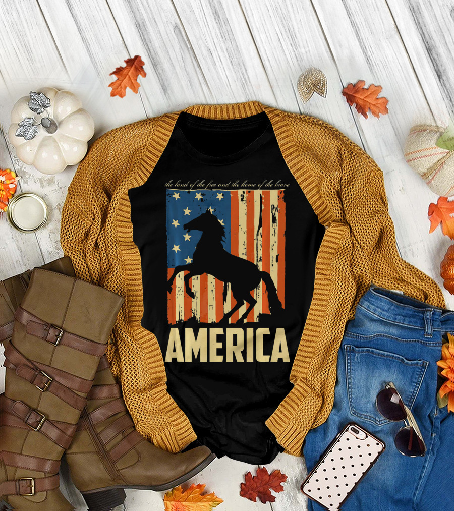America Horseback Riding Silhouette with Patriotic Flag and Land of the Free Home of the Brave T-Shirt