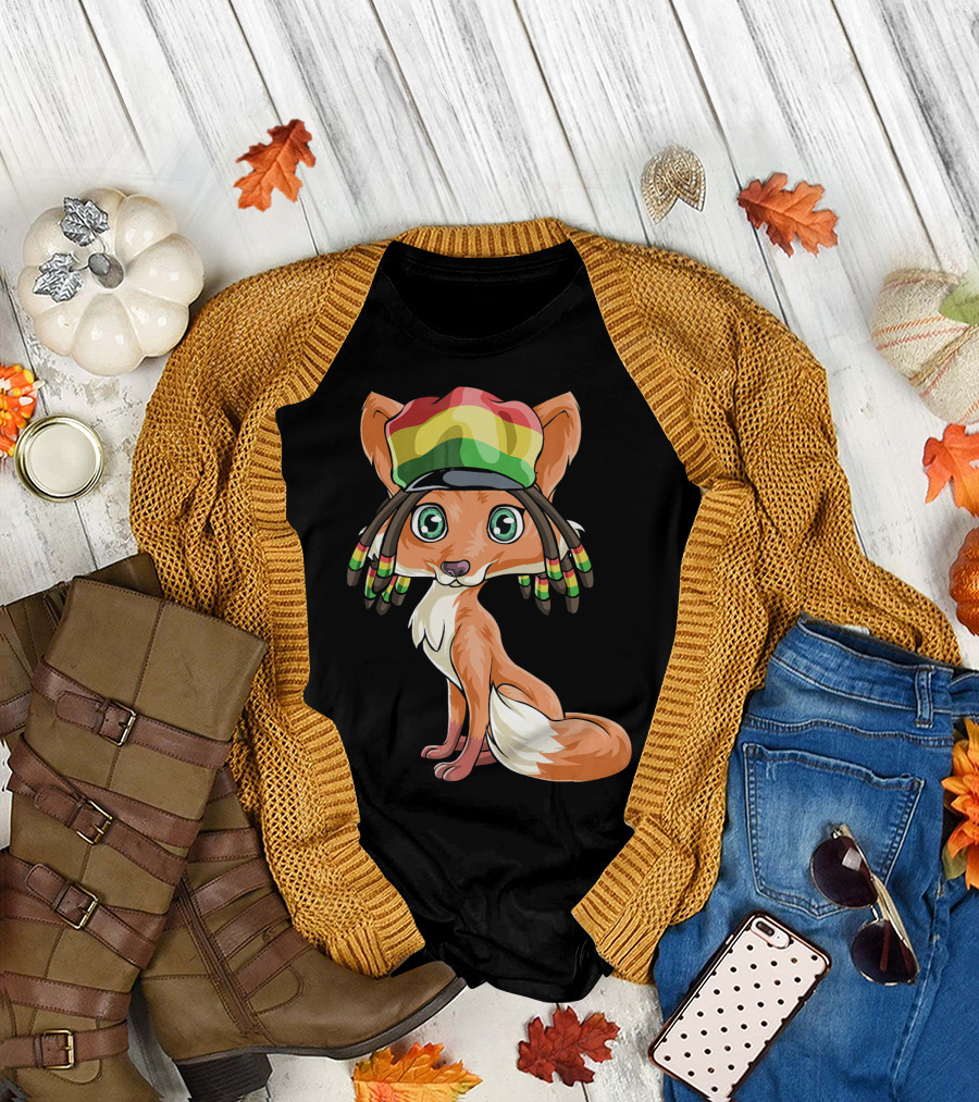 Jamaican Flag Fox with Dreadlocks and Rastafarian Colors T-Shirt