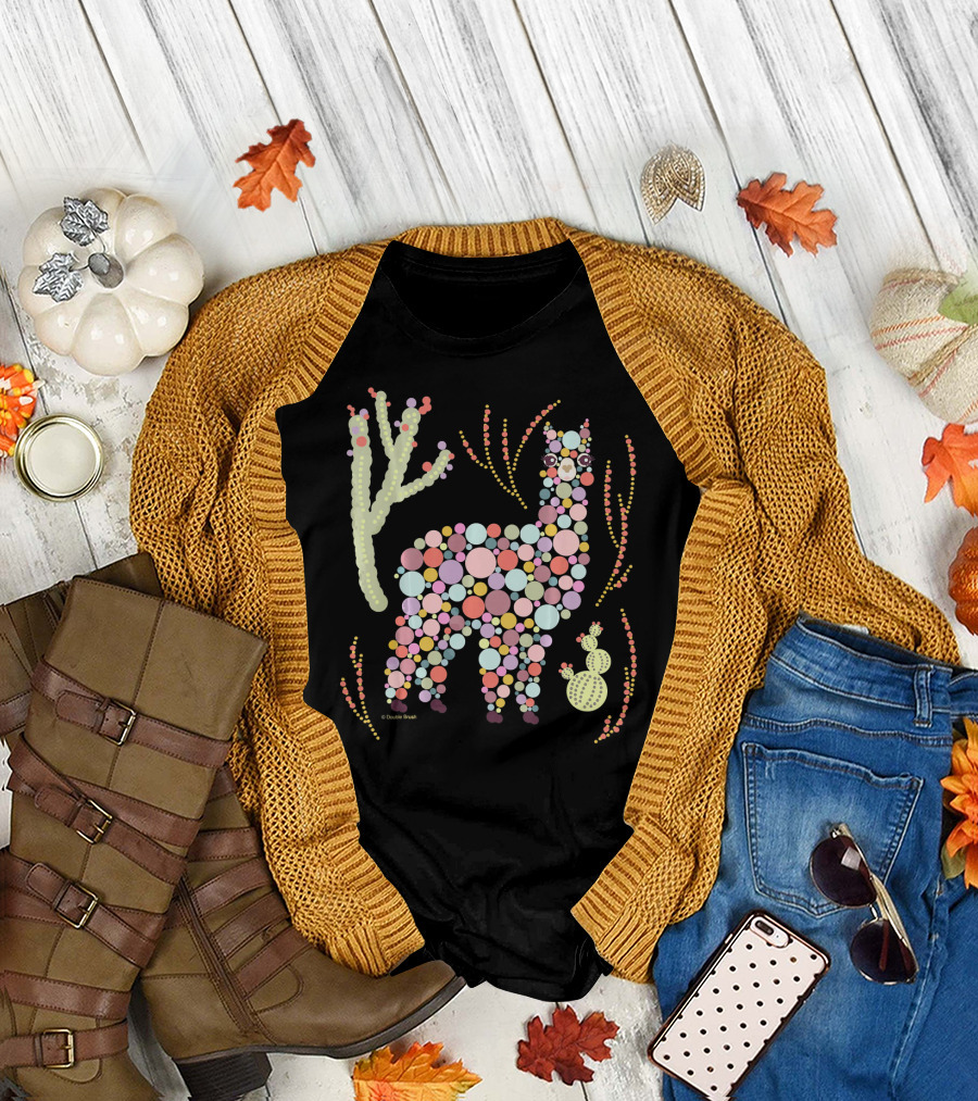 Llama Llama and Cactus Colorful Dotted Art Party T-Shirt