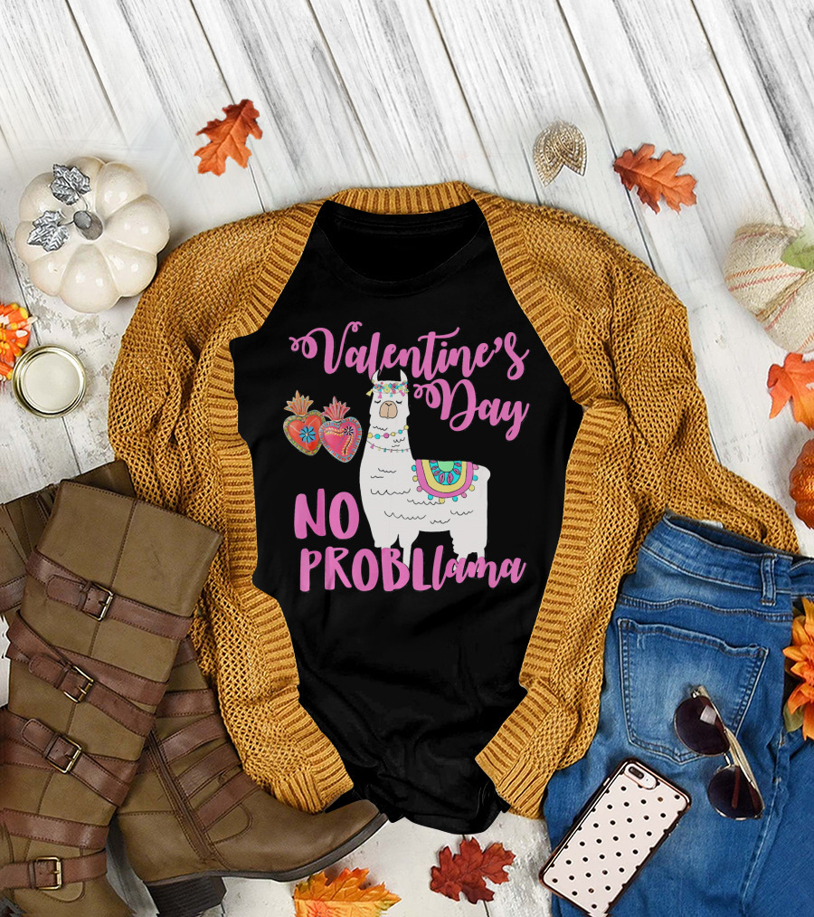 Valentine's Day No Probllama Llama Hearts T-Shirt