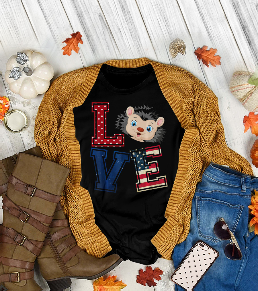 LOVE Hedgehog Face with American Flag Style Letters T-Shirt