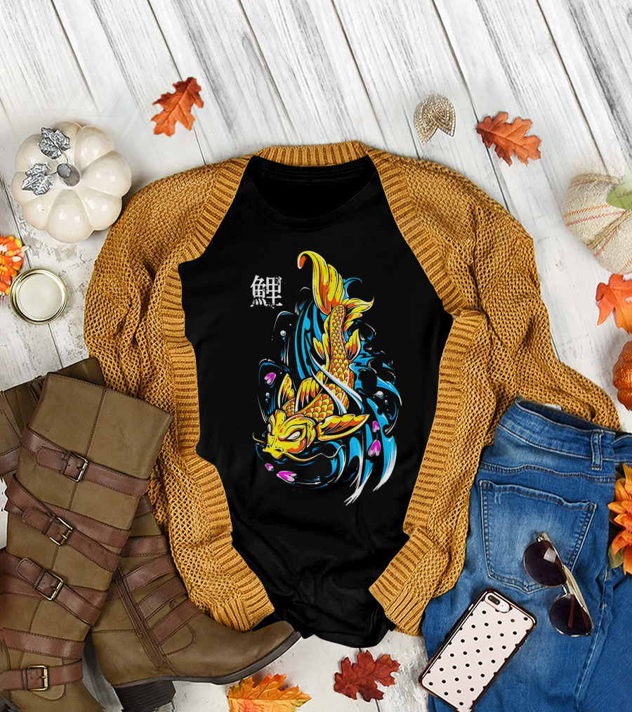 Japanese Koi With Vibrant Blue and Yellow Waves T-Shirt