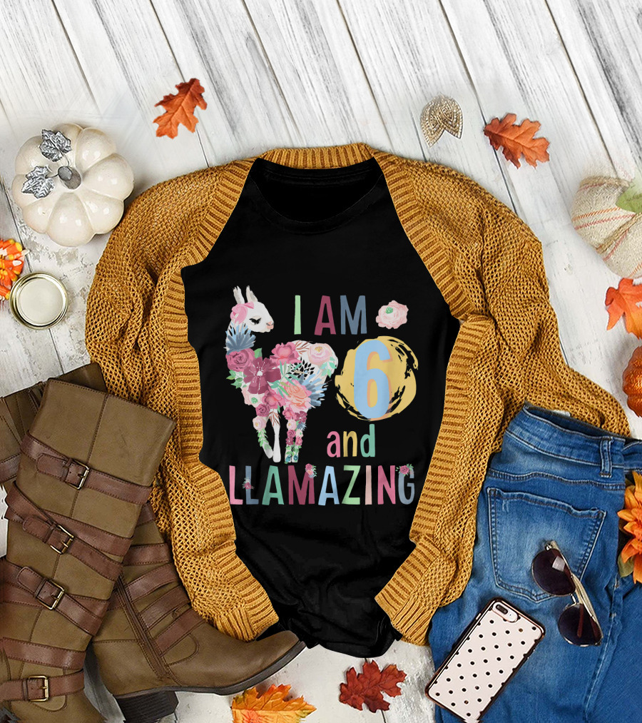 I Am 6 and Llamazing Floral Birthday Llama T-Shirt