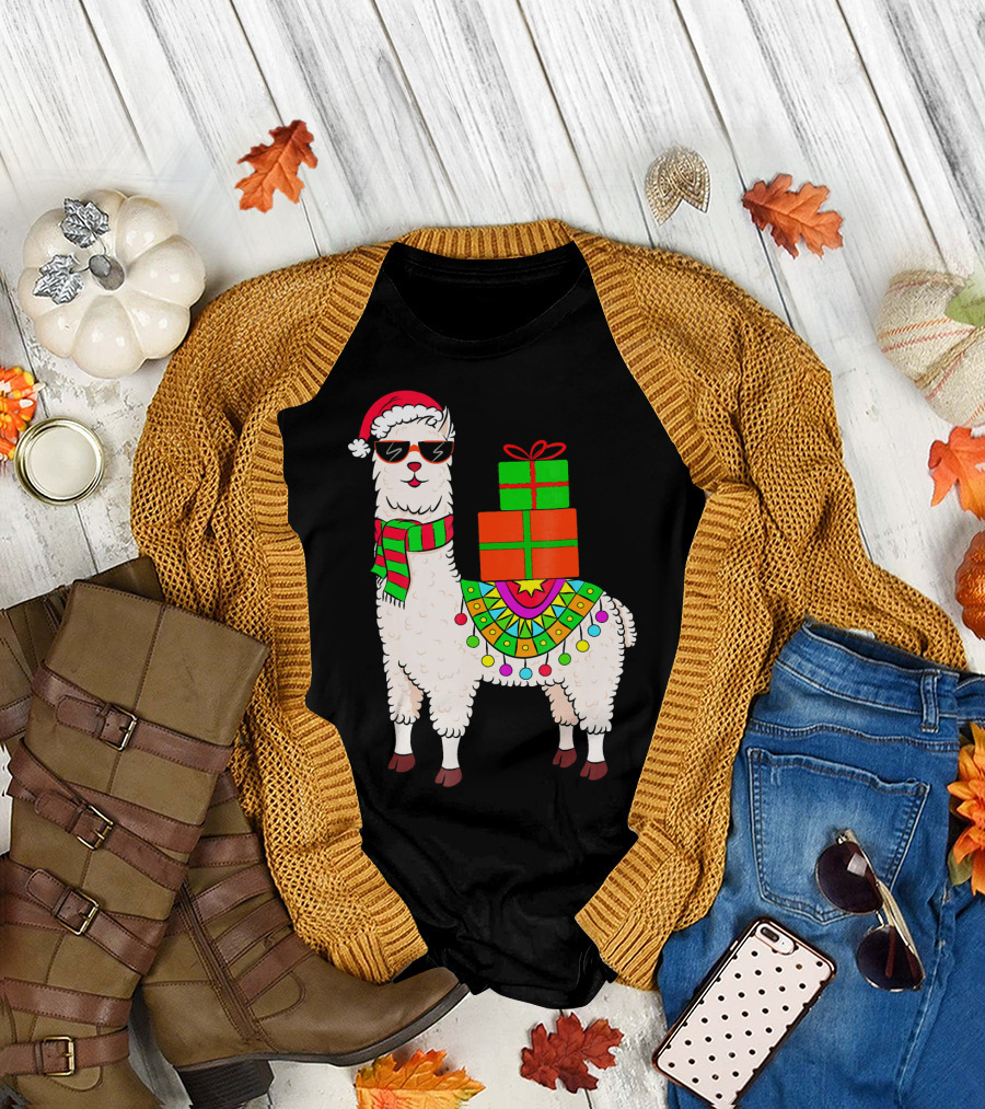 Llama Alpaca Xmas Santa Hat Sunglasses Festive Presents T-Shirt