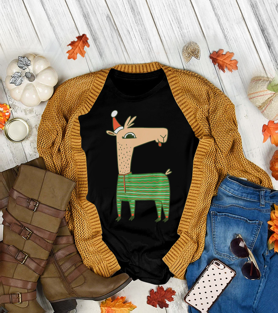 Llama Alpaca Santa Claus Christmas X mas Festive Sweater Holiday Stripes T-Shirt
