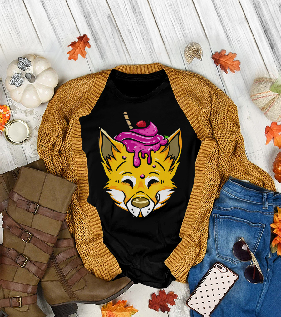 Ice Cream Sundae Fox with Cherry and Sprinkles Wolf Face T-Shirt