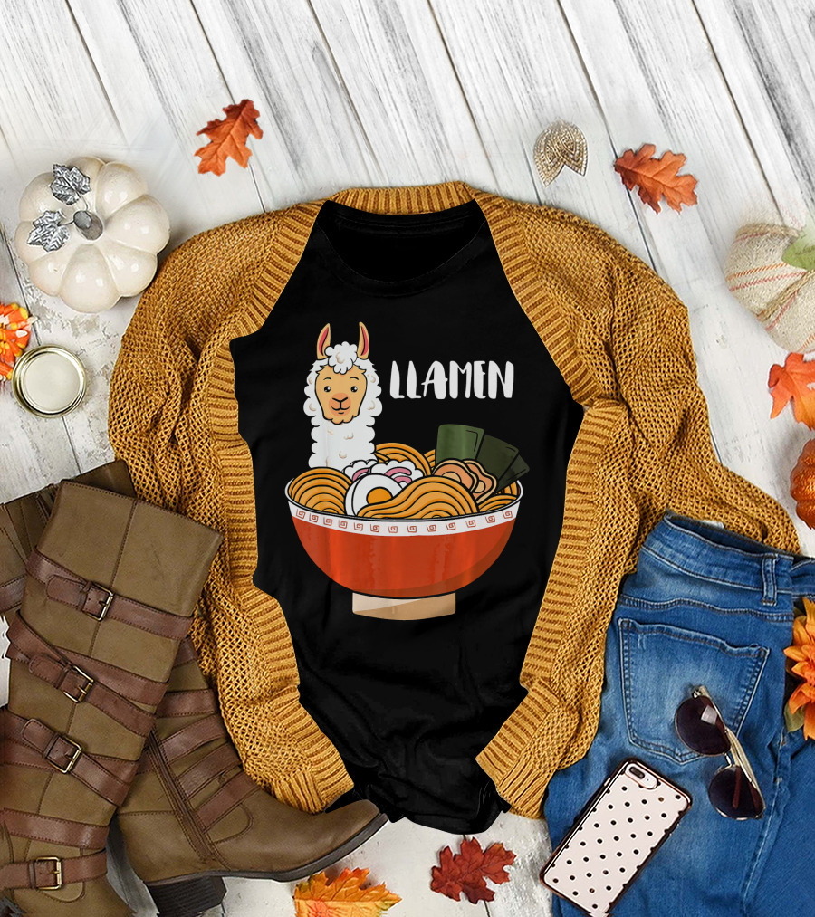 Llamen Ramen Japanese Noodle Llama in Bowl T-Shirt