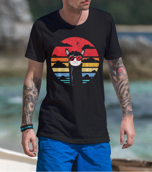 Llama Alpaca Retro Peru Style With Sunglasses In Vintage Sunset Stripes T-Shirt