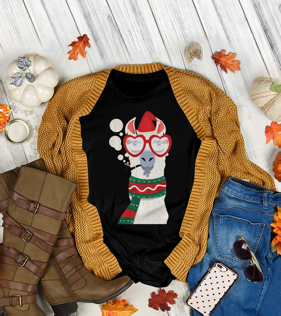 Llama Alpaca Santa Hat Smoking Christmas Glasses Scarf T-Shirt
