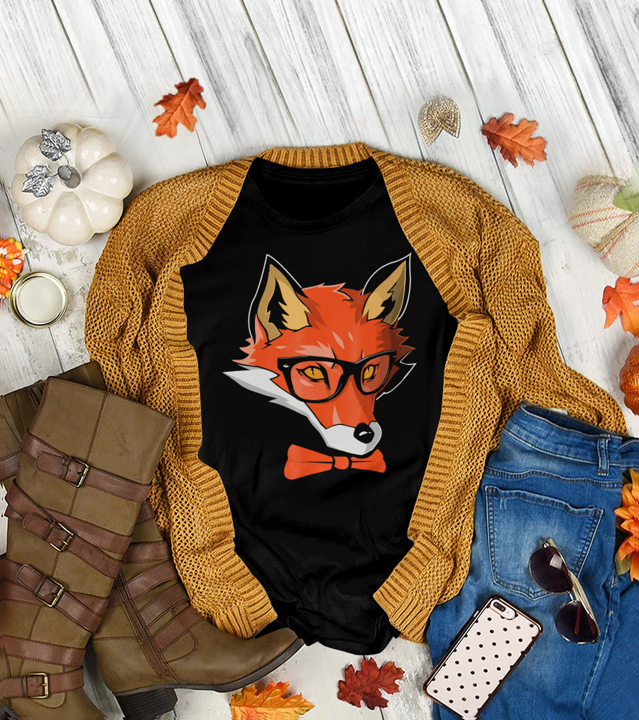 Hipster Fox with Glasses Orange Bow Tie Funny Zoo Animal T-Shirt