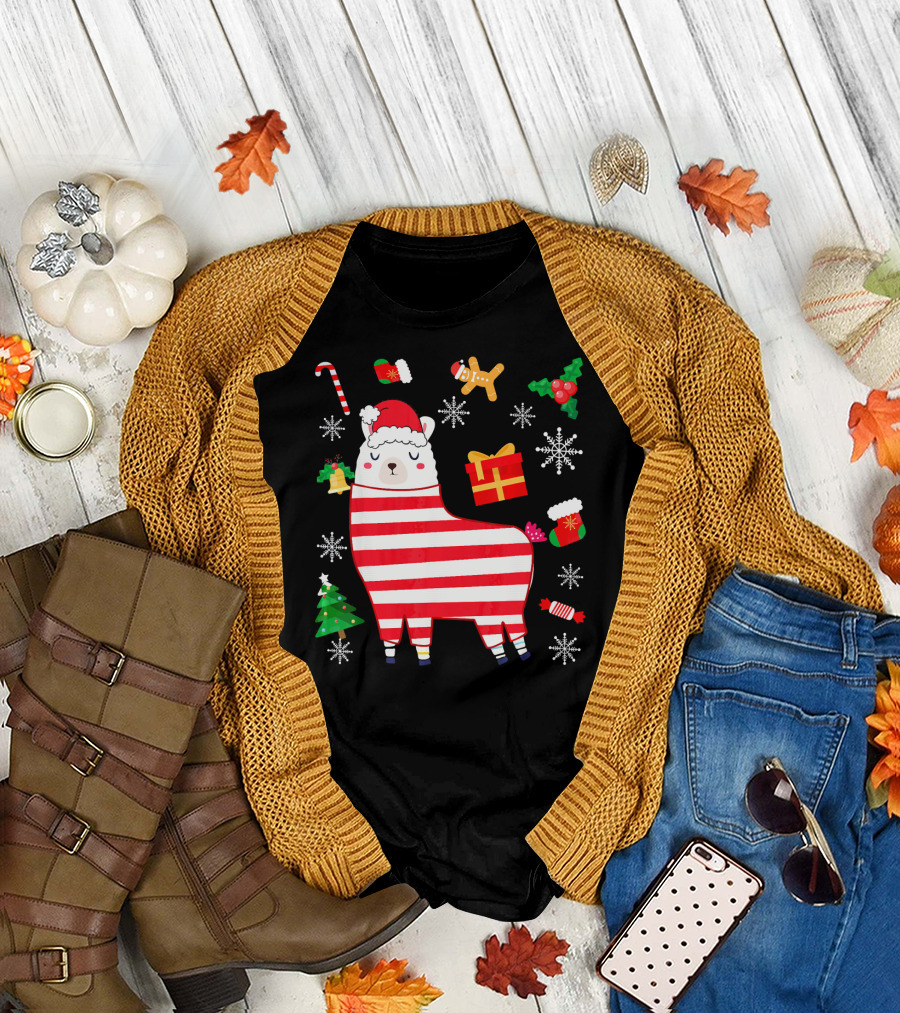 Llama Christmas Alpaca with Santa Hat and Candy Cane Xmas Cheer T-Shirt